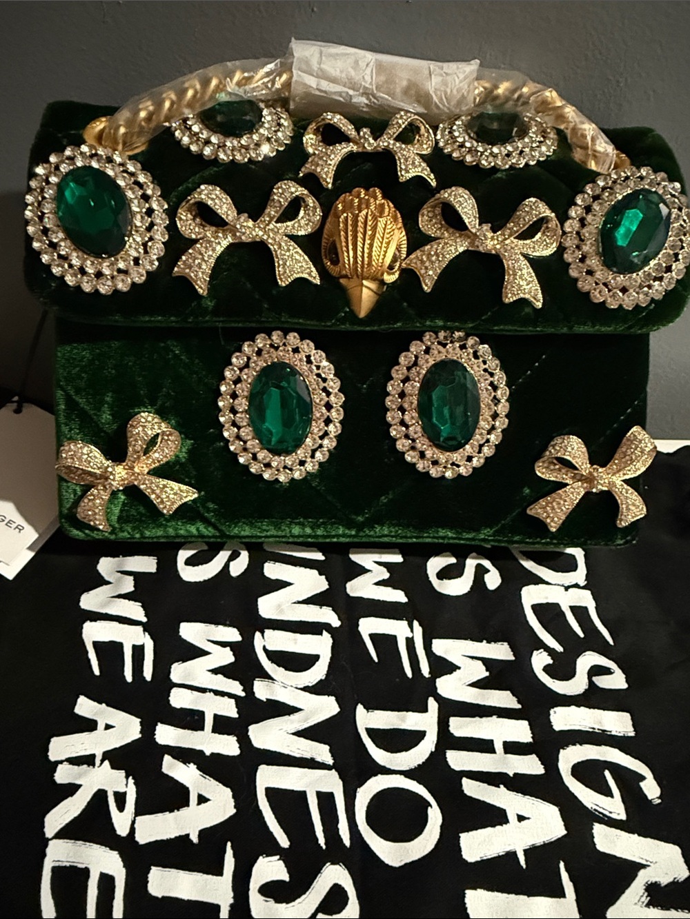 Kurt Geiger London Mini Velvet Kensington embellished handbag in dark green.